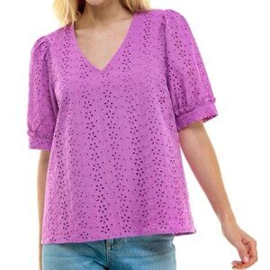 Draper James Purple Eyelet Short Sleeve Blouse Top Shirt Spring Women's M
